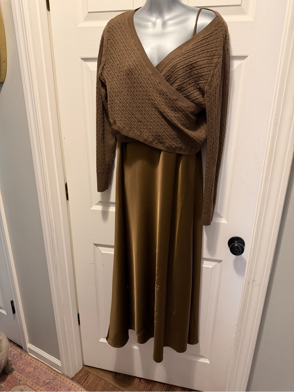 House of Harlow 1960 Brown Cable-Knit Wrap Sweater with Brown Satin Maxi Skirt
